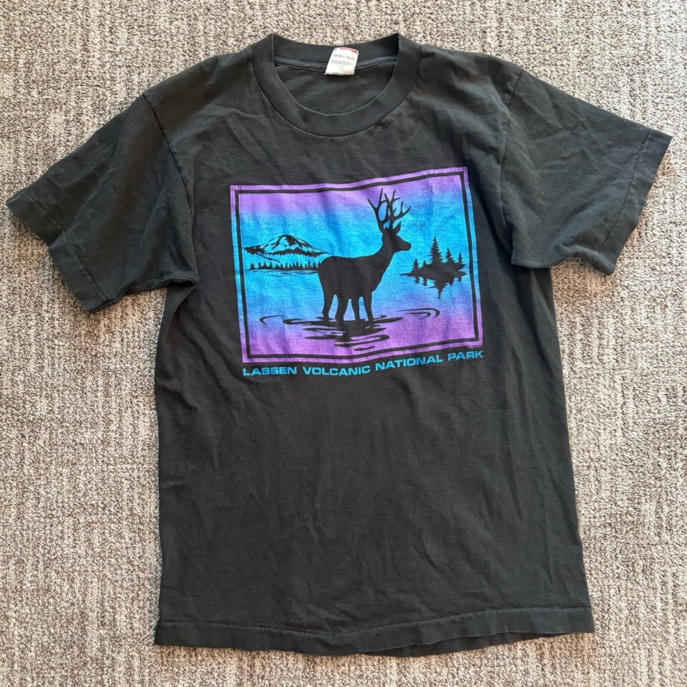 Vintage Lassen Volcanic National Park tshirt, black, neon, buck deer size Medium